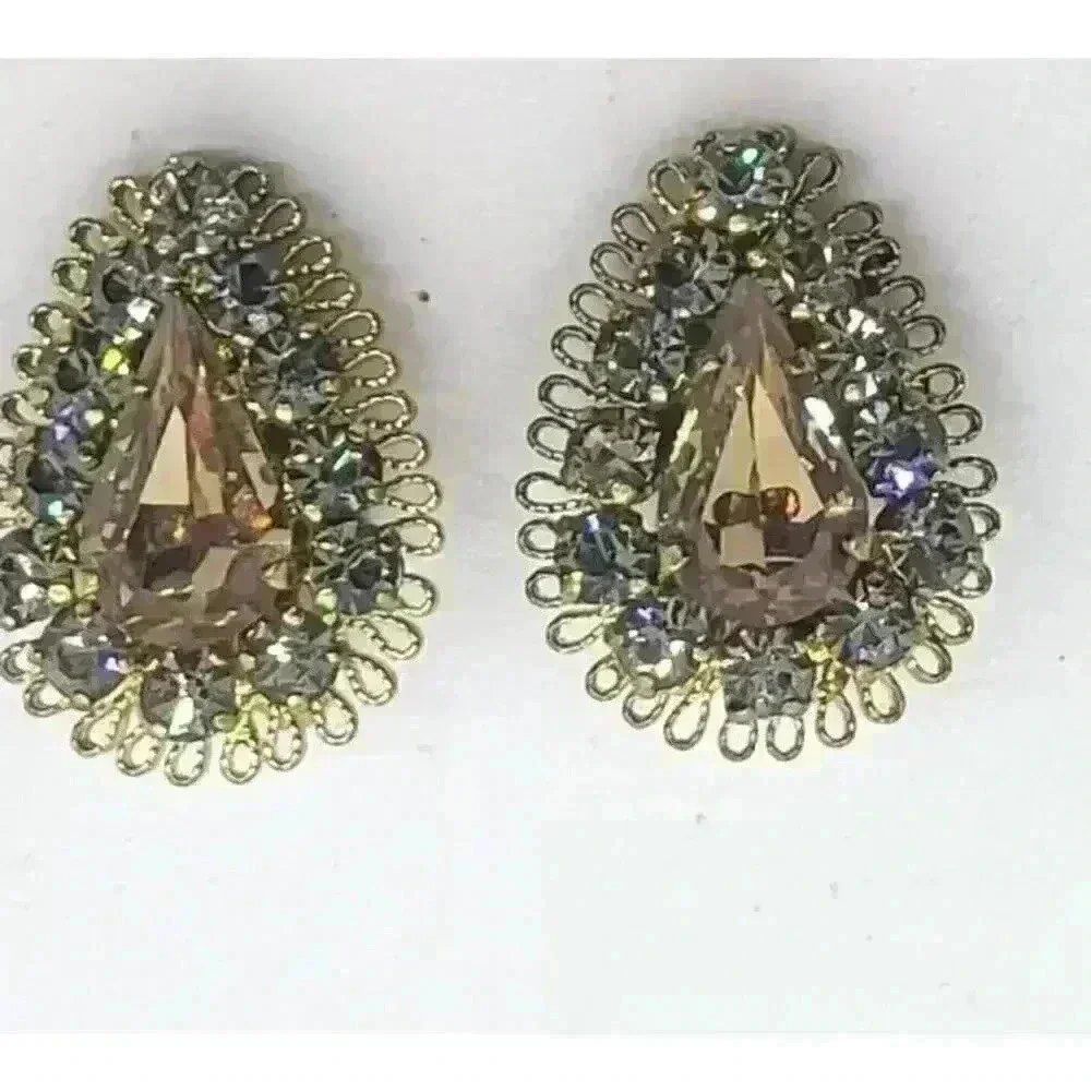 Vintage Earrings Clip Gold Filigree Topaz & Blue Rhinestone Drama Fancy Clip